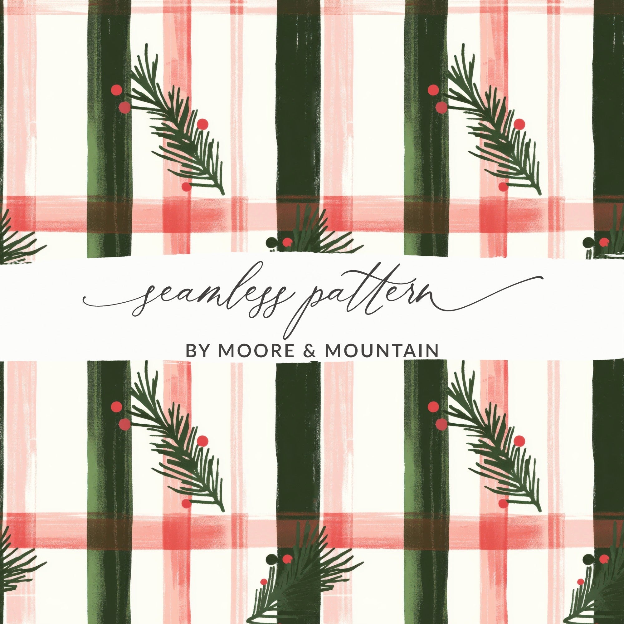 Coquette Christmas Holiday Tartan Pattern with Fir Twigs & Berries Digital Download | Festive Christmas Plaid Art