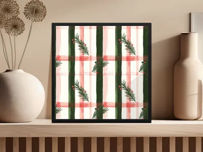 Coquette Christmas Holiday Tartan Pattern with Fir Twigs & Berries Digital Download | Festive Christmas Plaid Art