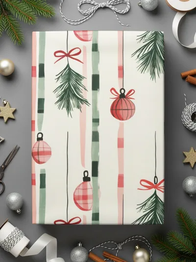 Coquette Christmas Tree Ornaments Digital Download | Holiday Striped Background | Festive Home Decor Printable