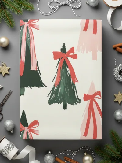 Coquette Christmas Tree Seamless Pattern Digital Paper, Holiday Digital Download, Red Bow Trees, Festive Background, Xmas Scrapbook Paper