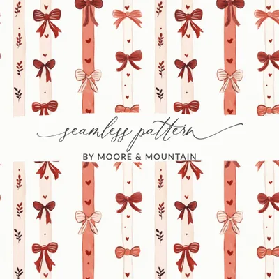 Coquette Red and Pink Bows Ribbons Hearts Stripes Seamless Pattern Texture Digital