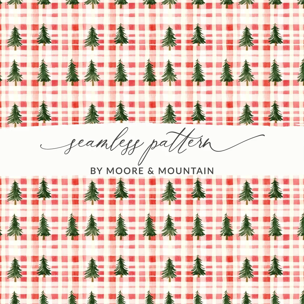 Coquette Red And White Plaid With Green Trees Pattern Digital