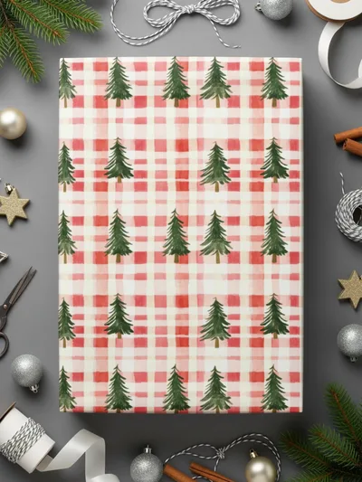 Coquette Red And White Plaid With Green Trees Pattern Digital