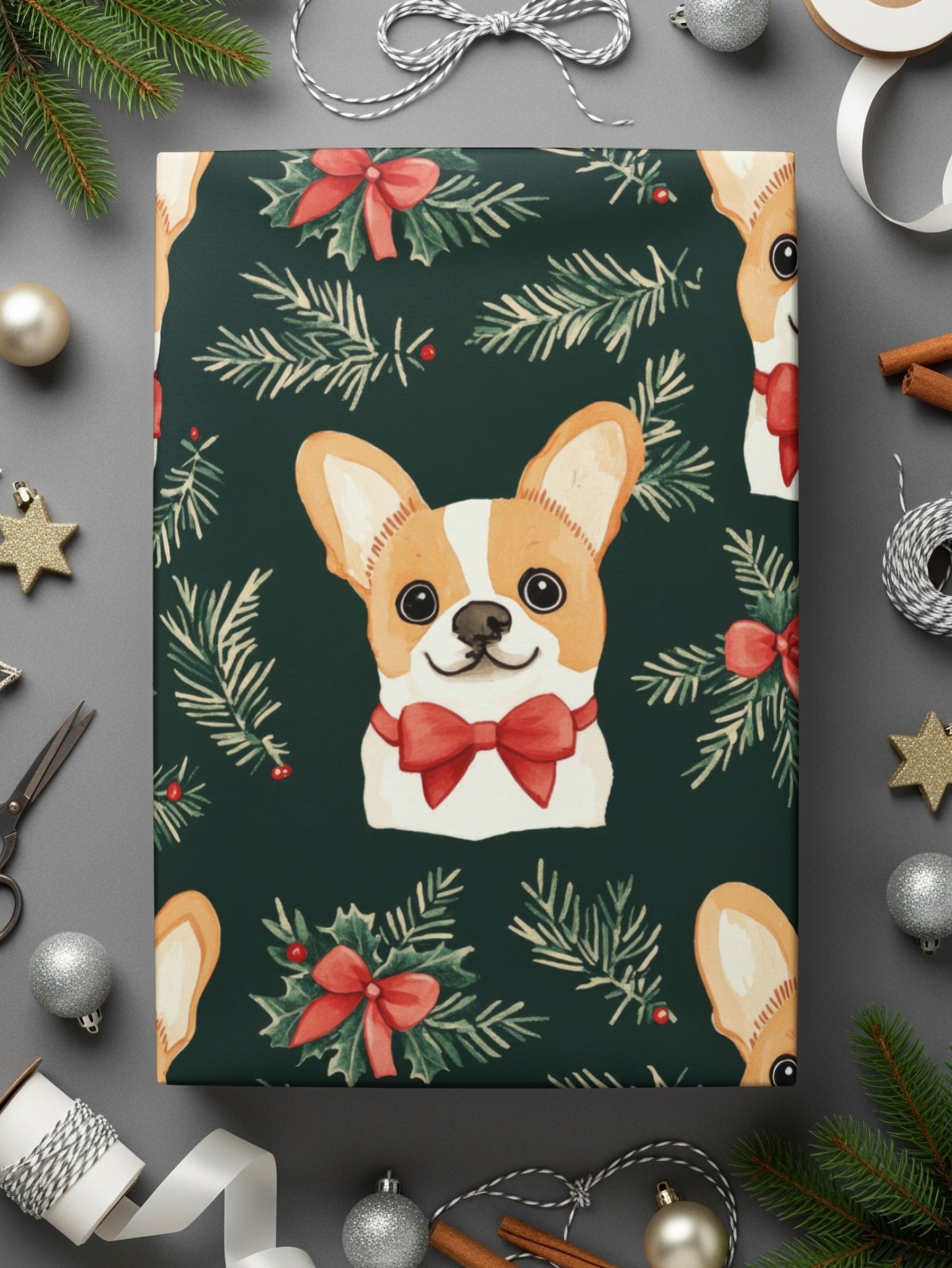 Corgi Dog Christmas Digital Paper, Cute Puppy Pattern, Holiday Green Background, Winter Pet Design, Festive Digital Download