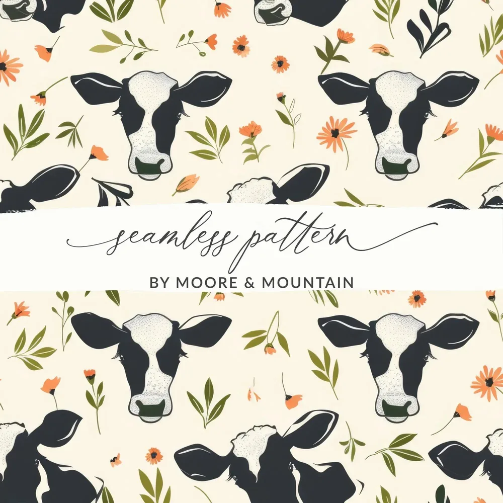 Cow and Floral Seamless Pattern Digital File, Farm Animal Print, Cute Pet Design, Repeat Pattern, Commercial Use, Digital Download