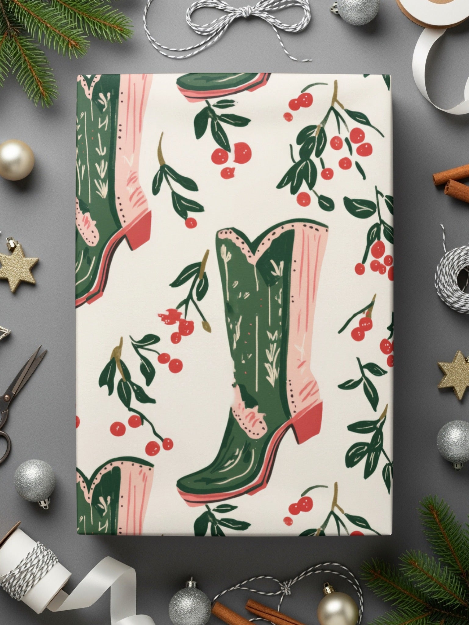 Cowboy Boots Seamless Digital Paper, Western Pattern Digital Download, Cherry Branches, Scrapbook Paper, Fabric Design, Commercial Use