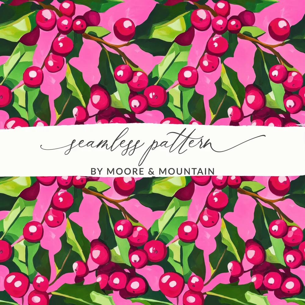 Cranberry Digital Paper, Seamless Pattern, Red Berries, Pink Green Floral, Commercial Use, Digital Download, Digital Scrapbook Paper