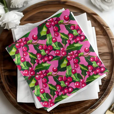 Cranberry Digital Paper, Seamless Pattern, Red Berries, Pink Green Floral, Commercial Use, Digital Download, Digital Scrapbook Paper