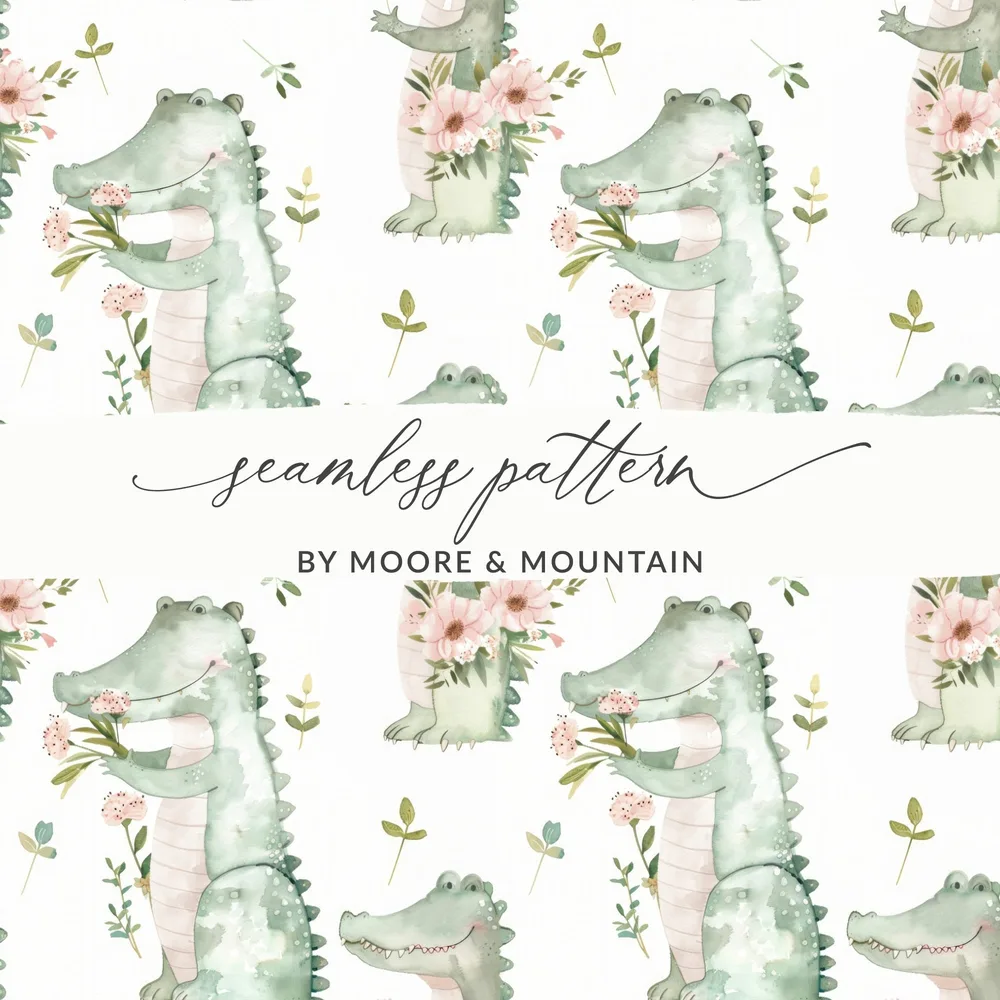Cute Alligator Seamless Pattern, Watercolor Crocodile Fabric Design, Reptile Digital Paper, Nursery Art Print, Floral Gator Download