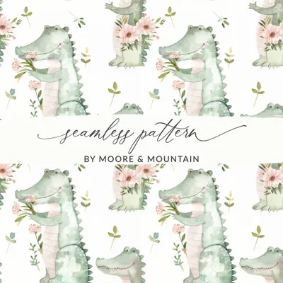 Cute Alligator Seamless Pattern, Watercolor Crocodile Fabric Design, Reptile Digital Paper, Nursery Art Print, Floral Gator Download