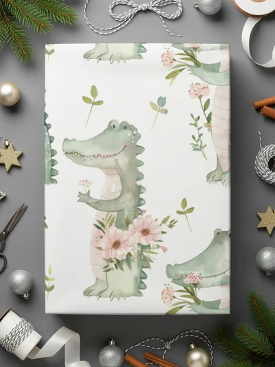 Cute Alligator Seamless Pattern, Watercolor Crocodile Fabric Design, Reptile Digital Paper, Nursery Art Print, Floral Gator Download