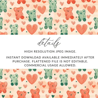 Cute Bears Heart Seamless Pattern Digital, Valentines Day, Scrapbook Paper, Fabric Design, Kids Room Decor, Commercial Use