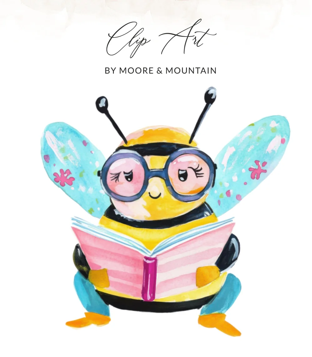 Cute Bee Reading Book Watercolor Digital Art Print, Cozy Librarian Teacher Gift, Intellectual Animal Lover Digital Download