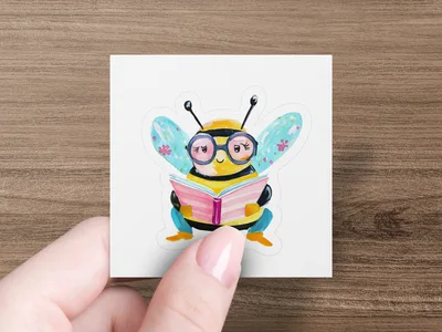 Cute Bee Reading Book Watercolor Digital Art Print, Cozy Librarian Teacher Gift, Intellectual Animal Lover Digital Download