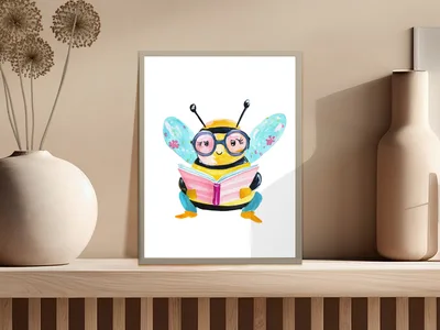 Cute Bee Reading Book Watercolor Digital Art Print, Cozy Librarian Teacher Gift, Intellectual Animal Lover Digital Download