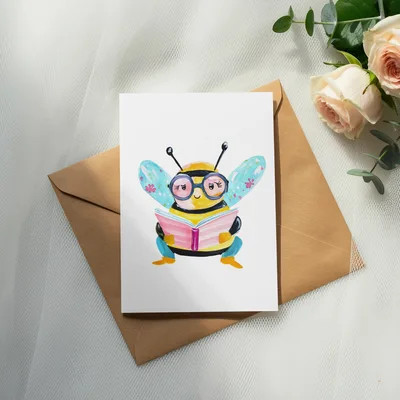 Cute Bee Reading Book Watercolor Digital Art Print, Cozy Librarian Teacher Gift, Intellectual Animal Lover Digital Download