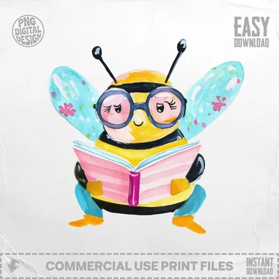 Cute Bee Reading Book Watercolor Digital Art Print, Cozy Librarian Teacher Gift, Intellectual Animal Lover Digital Download