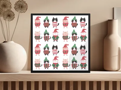 Cute Cats Wearing Winter Clothes Seamless Repeat Pattern Digital, Funny Christmas Background