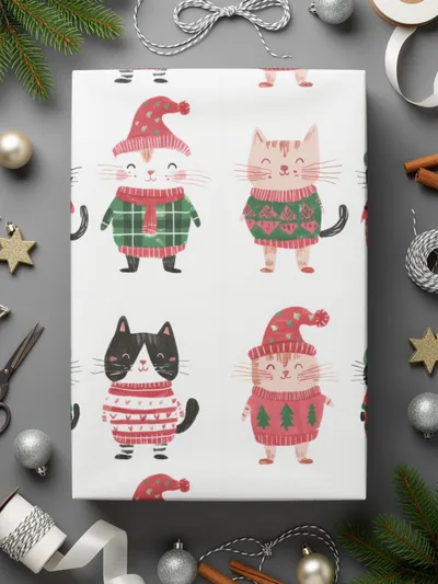 Cute Cats Wearing Winter Clothes Seamless Repeat Pattern Digital, Funny Christmas Background