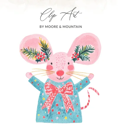 Cute Christmas Mouse PNG, SVG Digital Download, Festive Winter Mouse Clipart, Holiday Animal Art, Xmas Card Design, Watercolor Pink Mouse