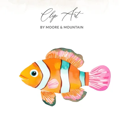 Cute Clownfish Digital Clip Art SVG, Preppy Clip Art, Ocean Creature, Watercolor Sea Life Design, Kids Nursery Decor