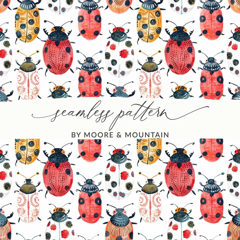 Cute Colorful Beetle and Ladybug Pattern Digital Download |Seamless Bugs Pattern JPEG