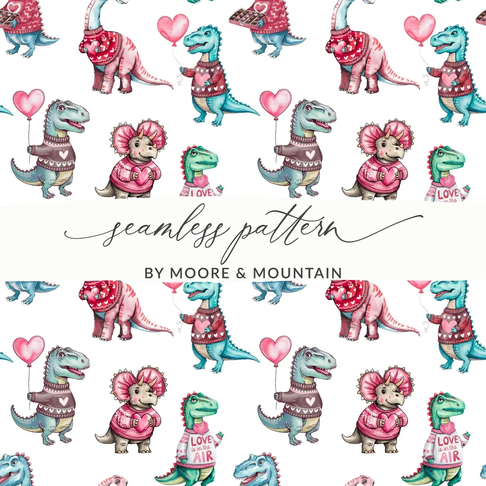 Cute Dinosaur Valentine's Day Digital Seamless Pattern, Kawaii Dino Hearts Fabric, Digital Paper Download, Valentines Day Digital, Two