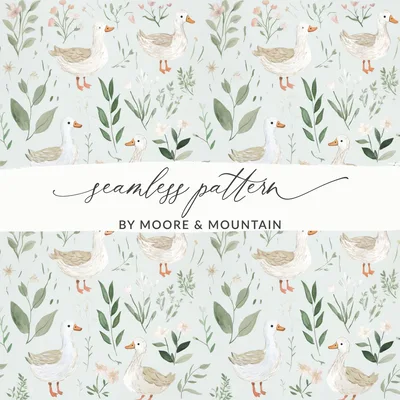 Cute Duck Seamless Pattern Digital, Watercolor Floral, Farm Animal Pattern, Nursery Decor, Repeating Tile, Paper Craft, Fabric Print