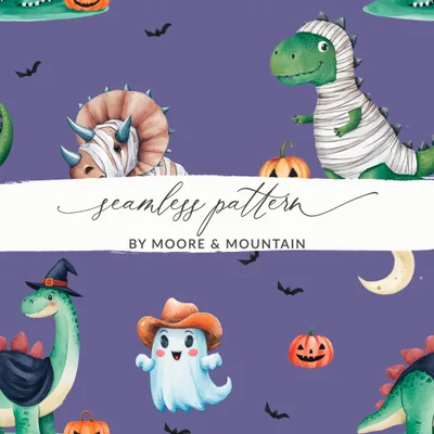 Cute Halloween Dinosaur Digital Paper, Seamless Pattern JPEG Files, Mummy Dinosaur, Ghost Cowboy, Pumpkins, Halloween Pattern