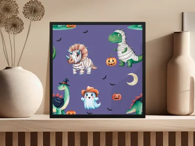 Cute Halloween Dinosaur Digital Paper, Seamless Pattern JPEG Files, Mummy Dinosaur, Ghost Cowboy, Pumpkins, Halloween Pattern