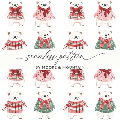 Cute Polar Bears with Bows and Scarves Seamless Pattern Digital