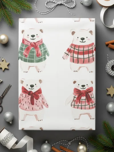 Cute Polar Bears with Bows and Scarves Seamless Pattern Digital