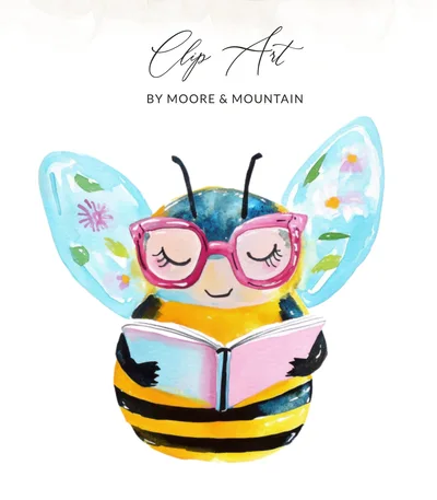 Cute Reading Bee Digital Art | Book Lover Watercolor Illustration | Bookish Bee PNG for Teachers & Readers | Whimsical Nature Design