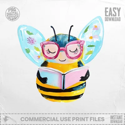 Cute Reading Bee Digital Art | Book Lover Watercolor Illustration | Bookish Bee PNG for Teachers & Readers | Whimsical Nature Design