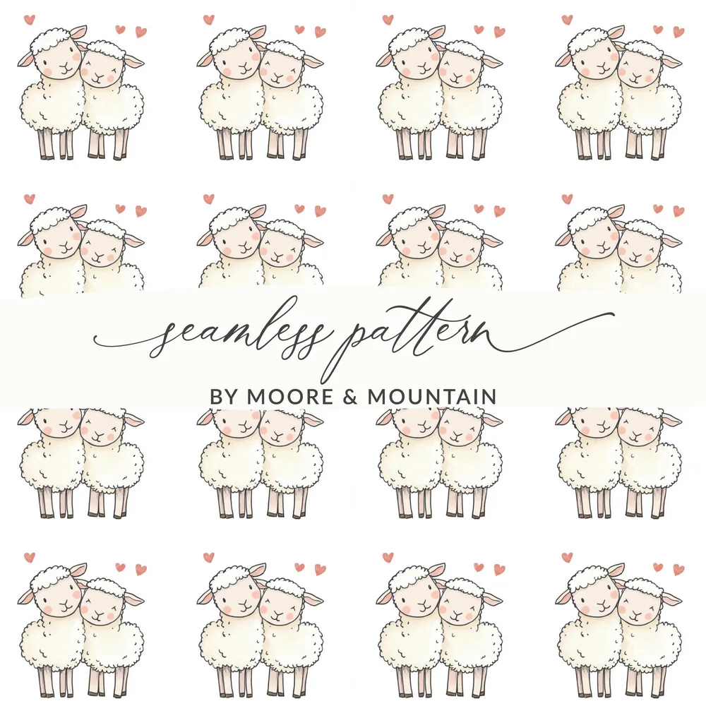 Cute Sheep Couple Digital Paper, Lambs Love Seamless Pattern, Valentine Hearts Background, Nursery Decor Printable, Scrapbook Supply