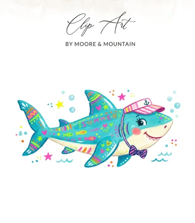 Cute Summer Shark Digital Art, Colorful Nautical Marine Illustration, Happy Ocean Animal Print, Whimsical Kids Beach Theme Digital Clipart
