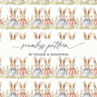 Cute Watercolor Bunny Seamless Pattern, Dressed Bunnies, Spring Floral Background, Baby Nursery Decor, Whimsical Animal, Digital Download