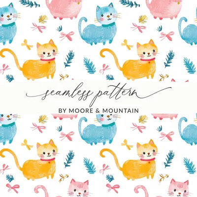 Cute Watercolor Cats Seamless Pattern with Bows and Leaves Pattern Design Digital
