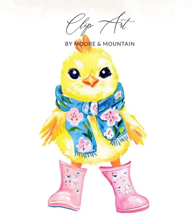 Cute Watercolor Chick Digital Art, Baby Chicken with Scarf and Boots, Spring Animal Clipart PNG, SVG, Easter Nursery Decor Printable