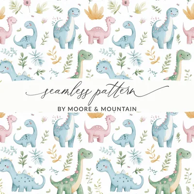 Cute Watercolor Dinosaur Digital Paper, Seamless Dino Pattern, Baby Nursery Decor, Prehistoric Animals Print, Kids Room Art, Digital