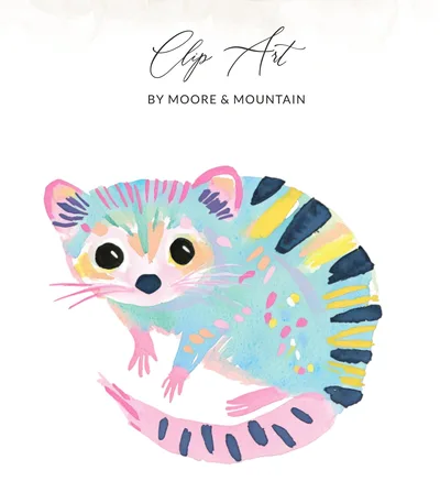 Cute Watercolor Opossum SVG, Preppy Clip Art, Abstract Animal Digital Download, Nursery Wall Art, Kids Decor PNG