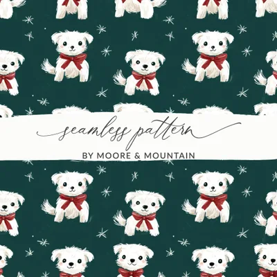 Cute White Dogs with Bows Patterned Festive Background Digital
