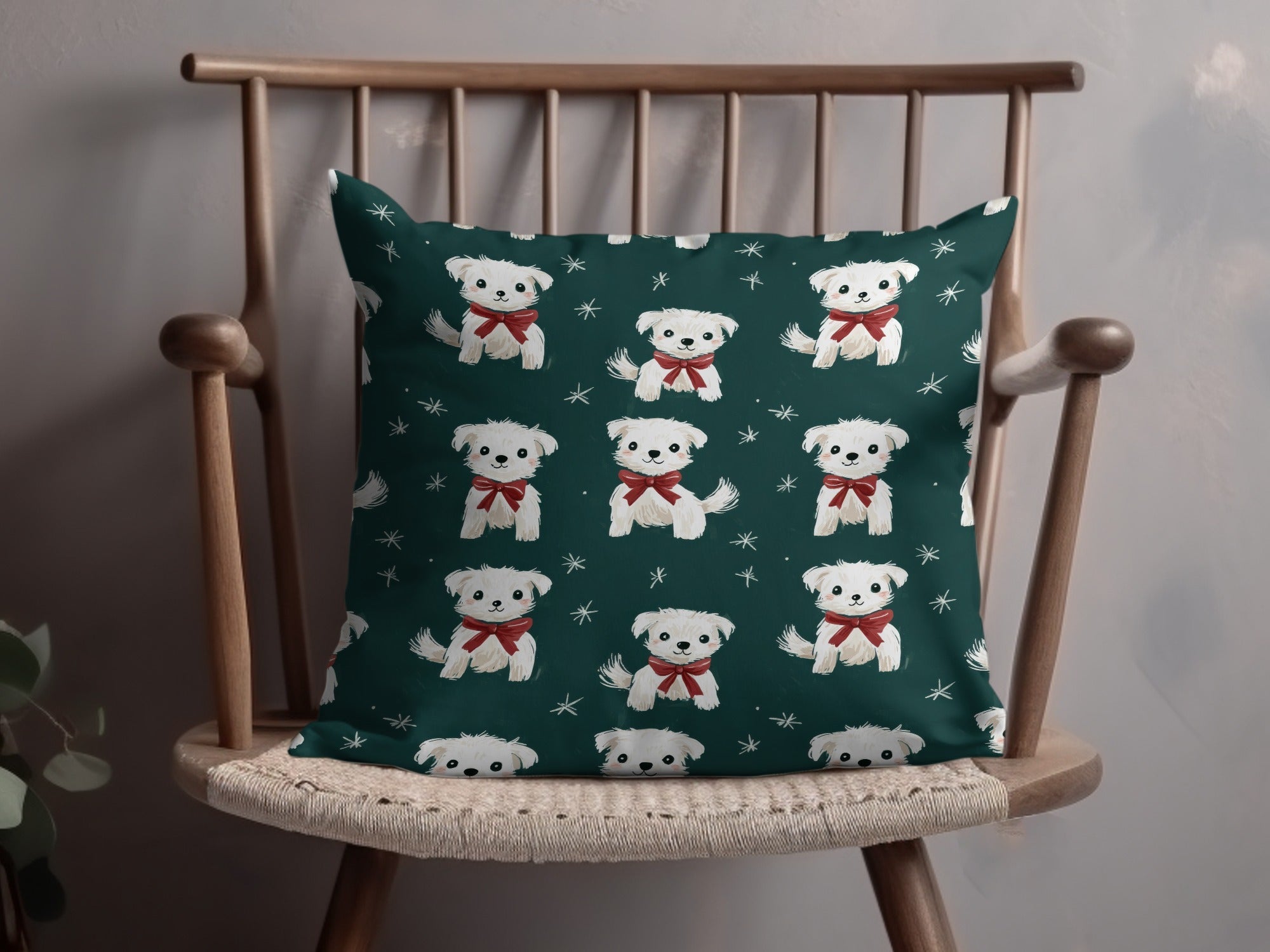 Cute White Dogs with Bows Patterned Festive Background Digital