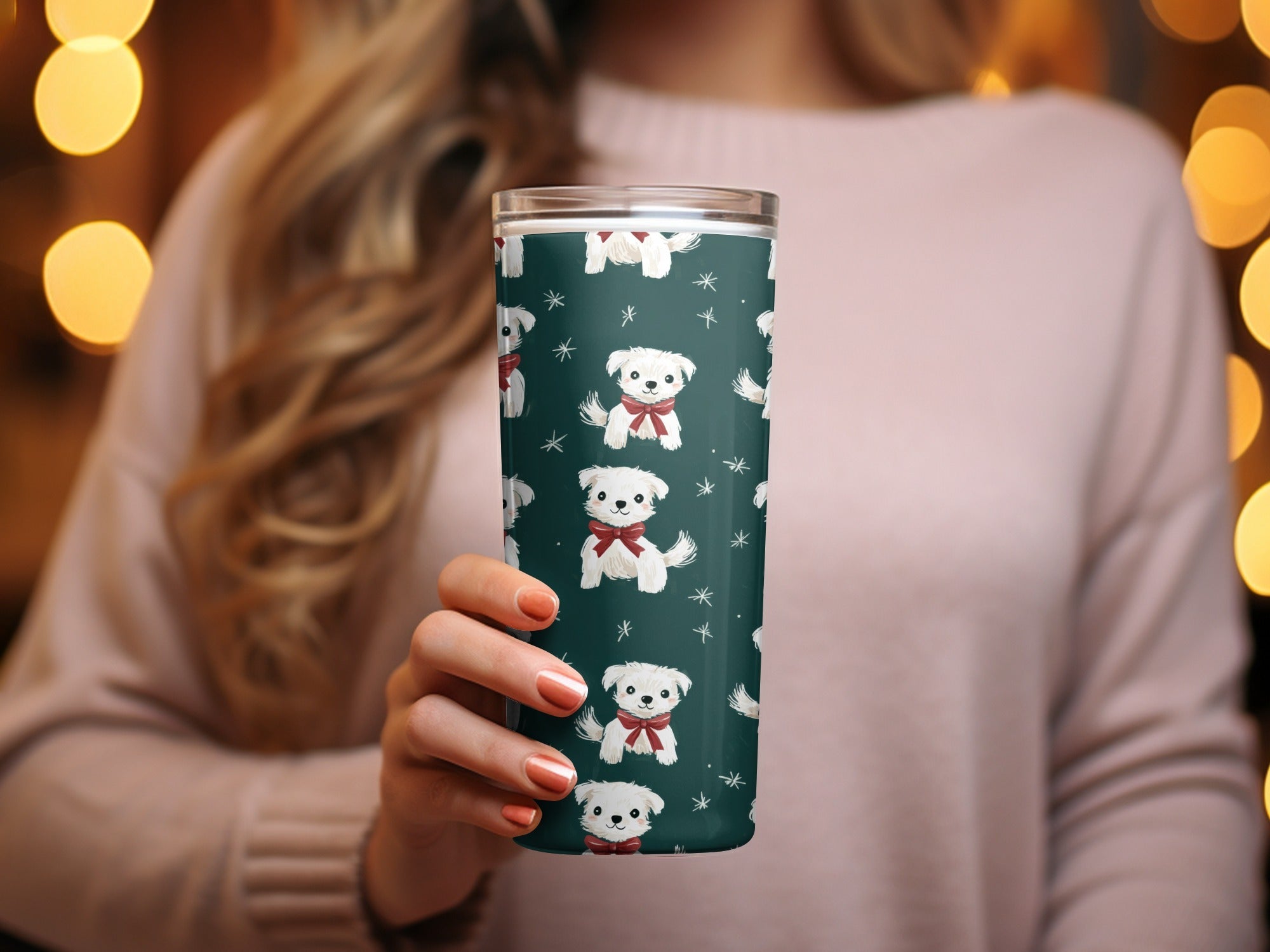 Cute White Dogs with Bows Patterned Festive Background Digital