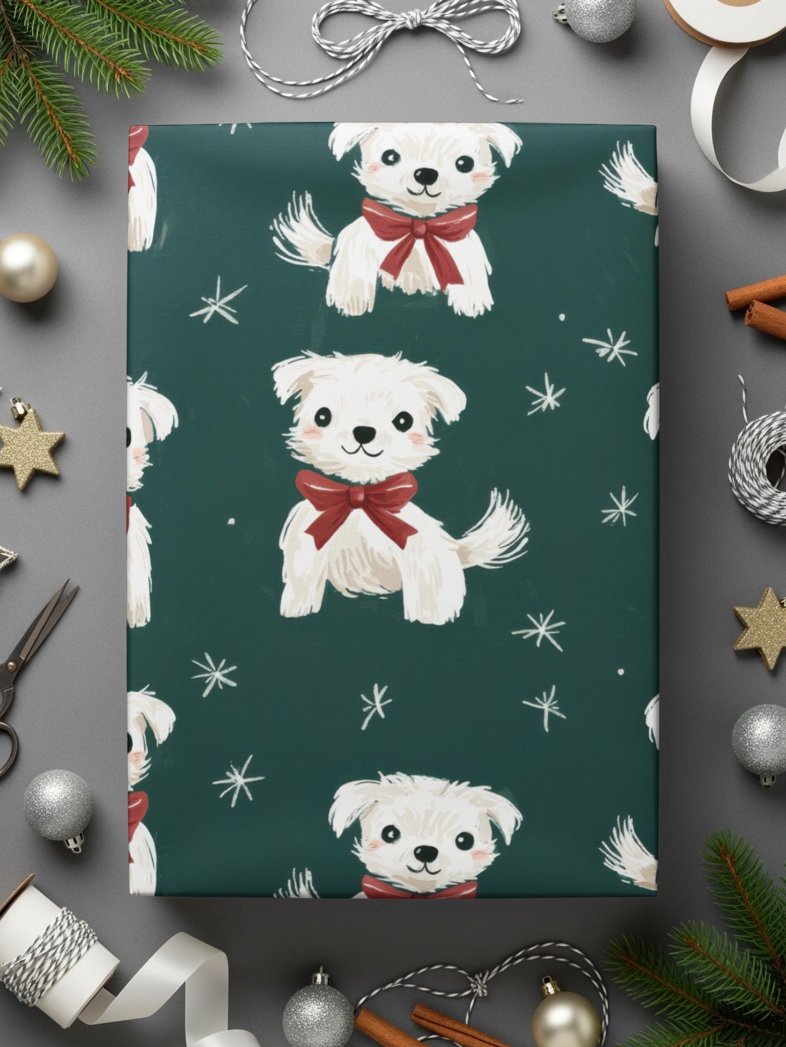 Cute White Dogs with Bows Patterned Festive Background Digital