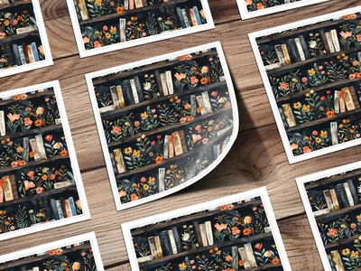 Dark Academy Floral BookShelf Black Background Pattern