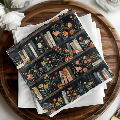 Dark Academy Floral BookShelf Black Background Pattern