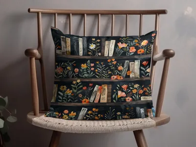 Dark Academy Floral BookShelf Black Background Pattern