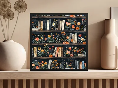 Dark Academy Floral BookShelf Black Background Pattern