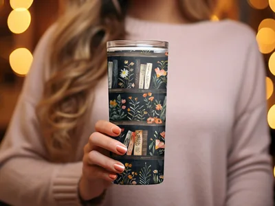 Dark Academy Floral BookShelf Black Background Pattern